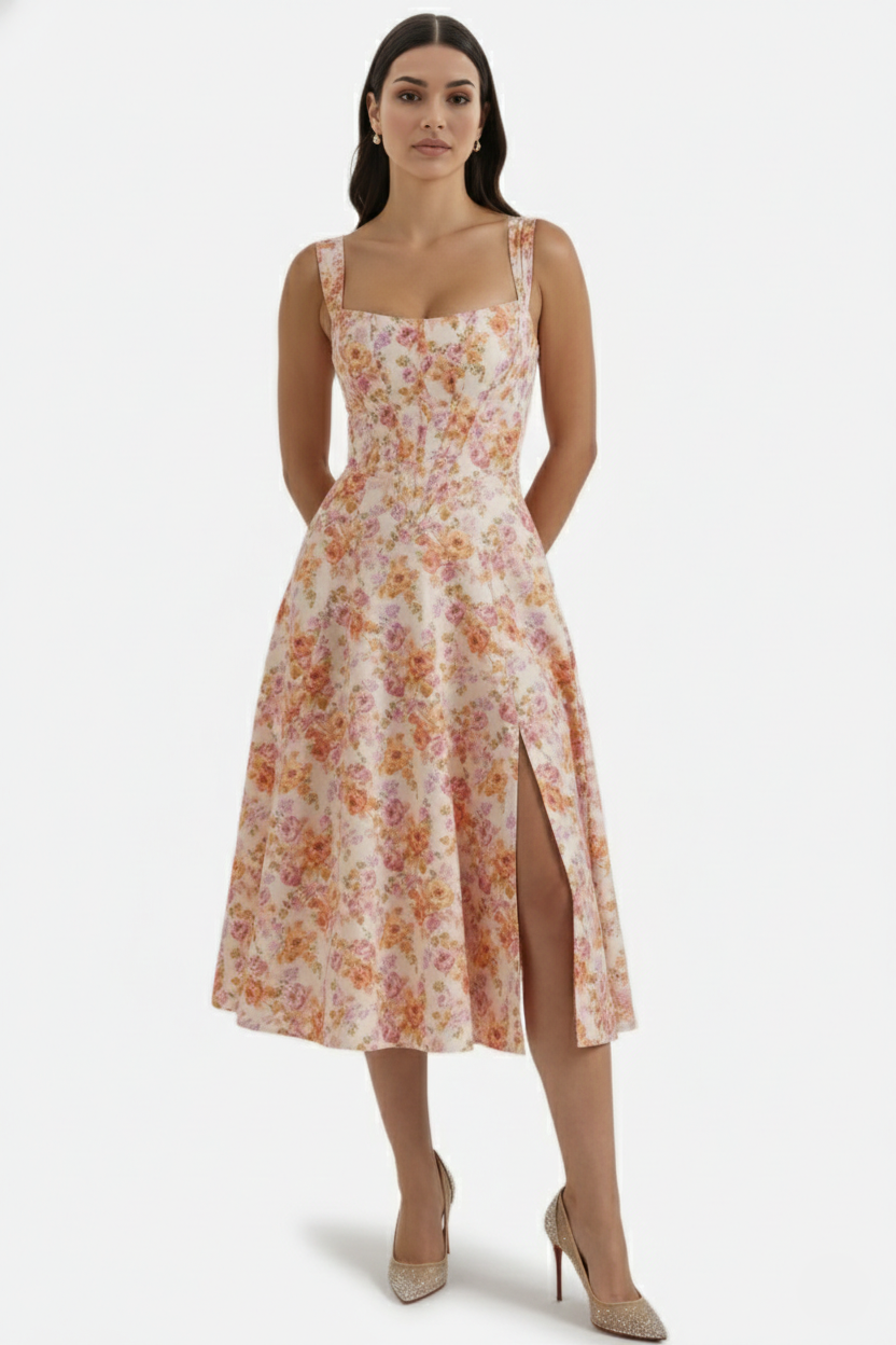 Womens Midi Sundress Floral Print Corset Bodice Side Slit