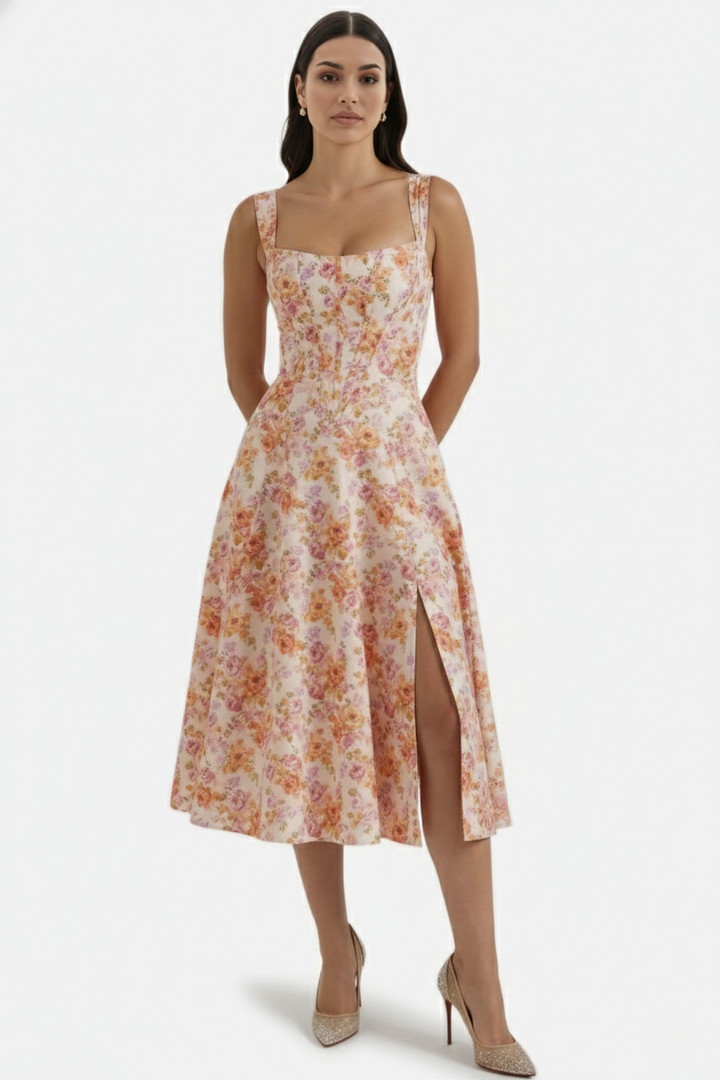 Womens Midi Sundress Floral Print Corset Bodice Side Slit