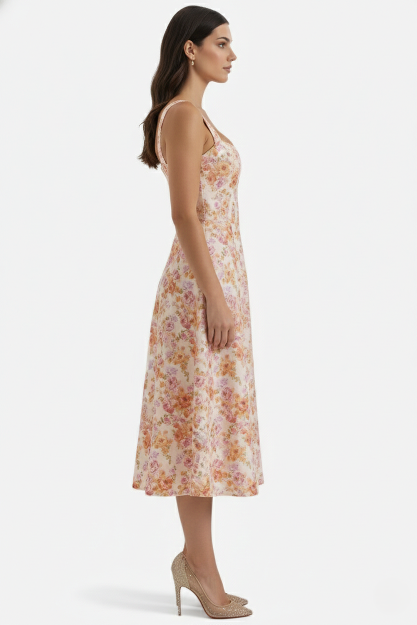 Womens Midi Sundress Floral Print Corset Bodice Side Slit