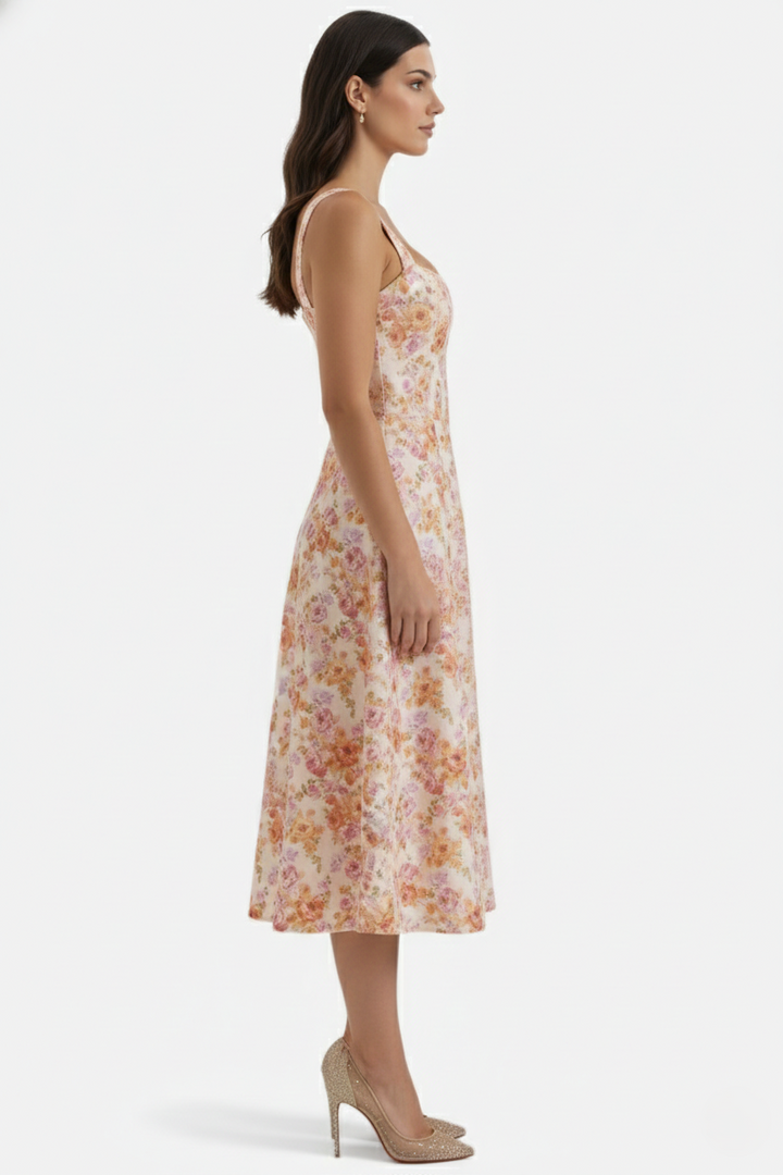 Womens Midi Sundress Floral Print Corset Bodice Side Slit