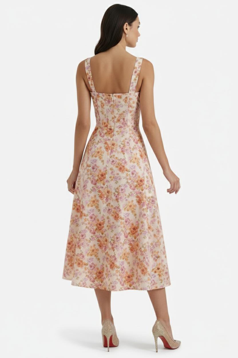 Womens Midi Sundress Floral Print Corset Bodice Side Slit