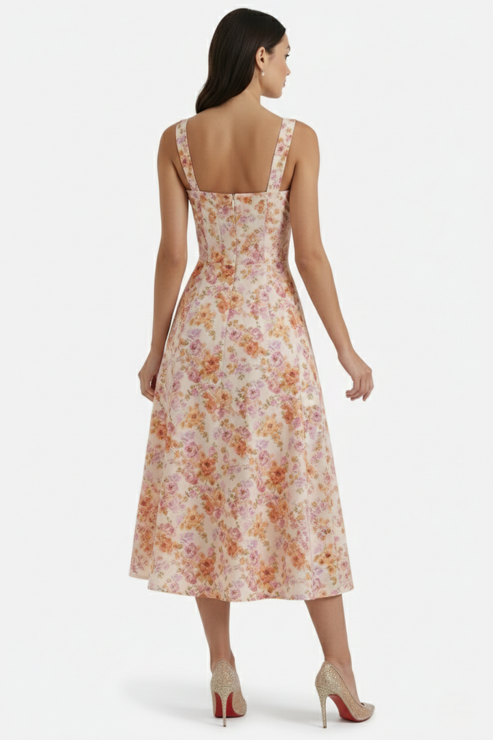 Womens Midi Sundress Floral Print Corset Bodice Side Slit