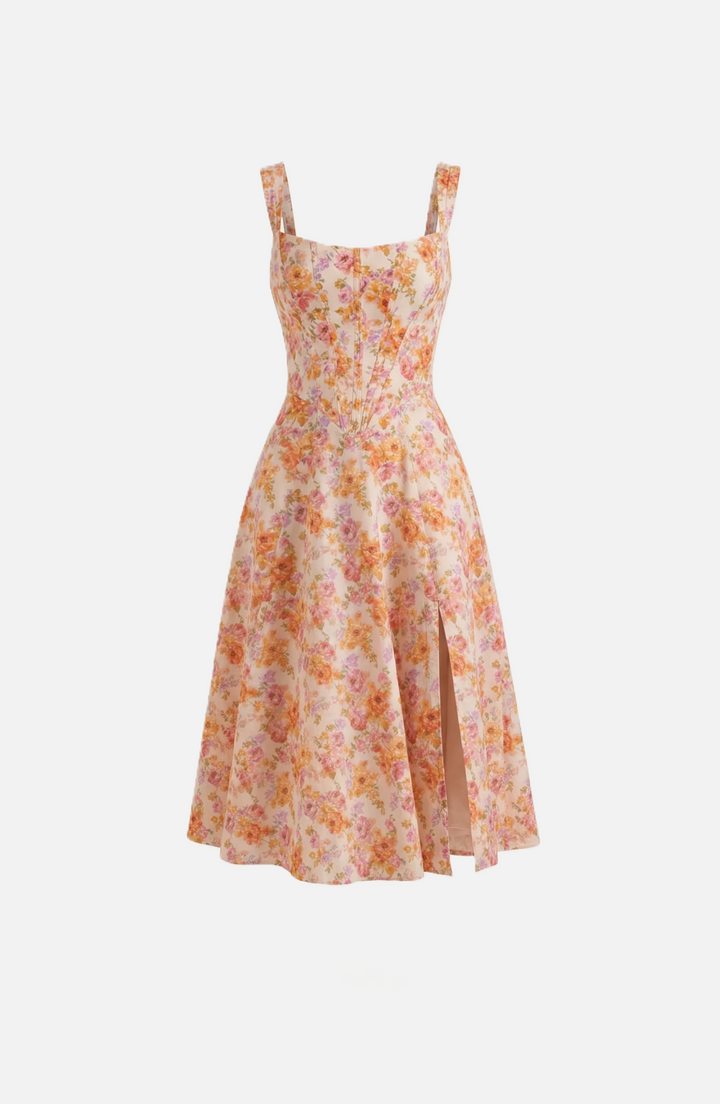 Womens Midi Sundress Floral Print Corset Bodice Side Slit