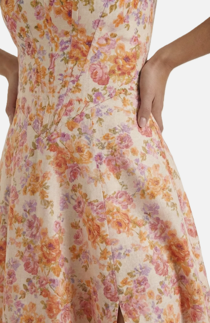 Womens Midi Sundress Floral Print Corset Bodice Side Slit