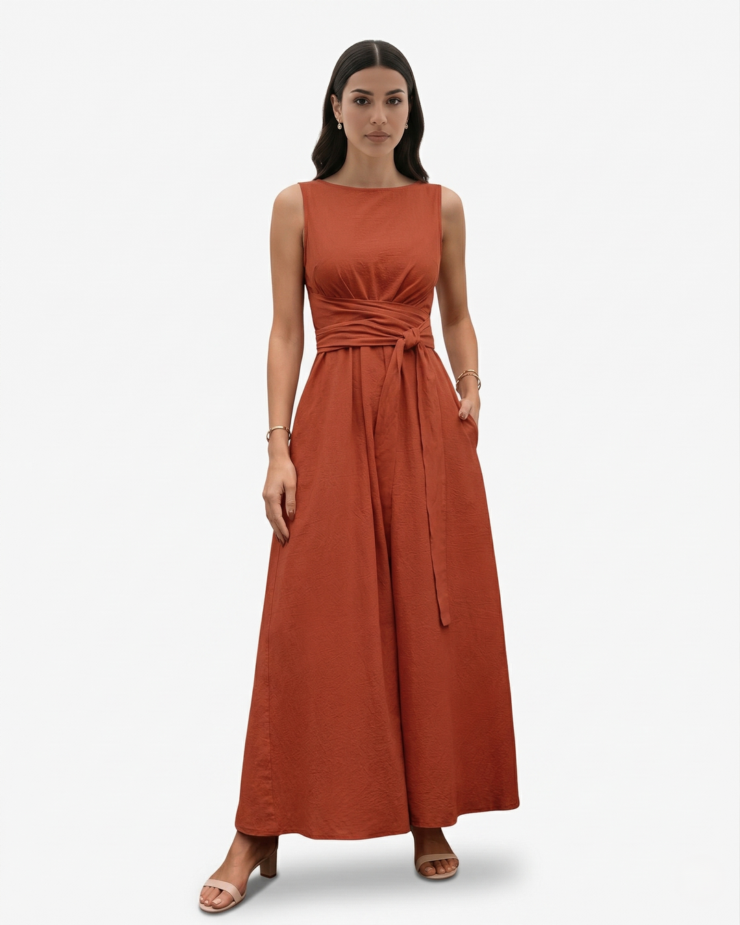 Womens Sleeveless Maxi Dress Crew Neck Tie Waist A-Line