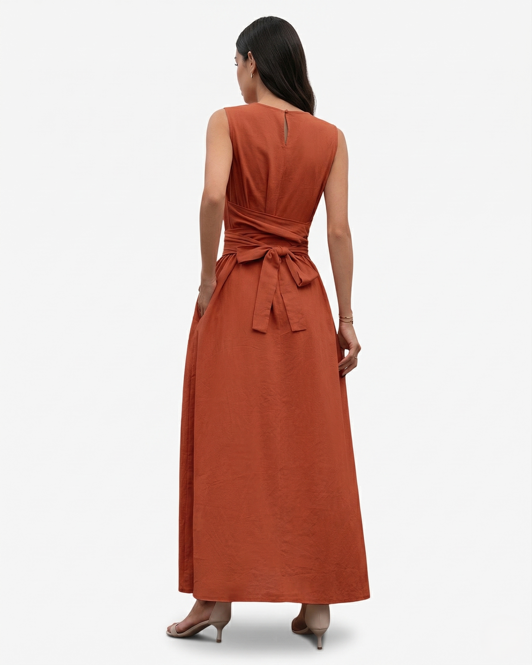 Womens Sleeveless Maxi Dress Crew Neck Tie Waist A-Line