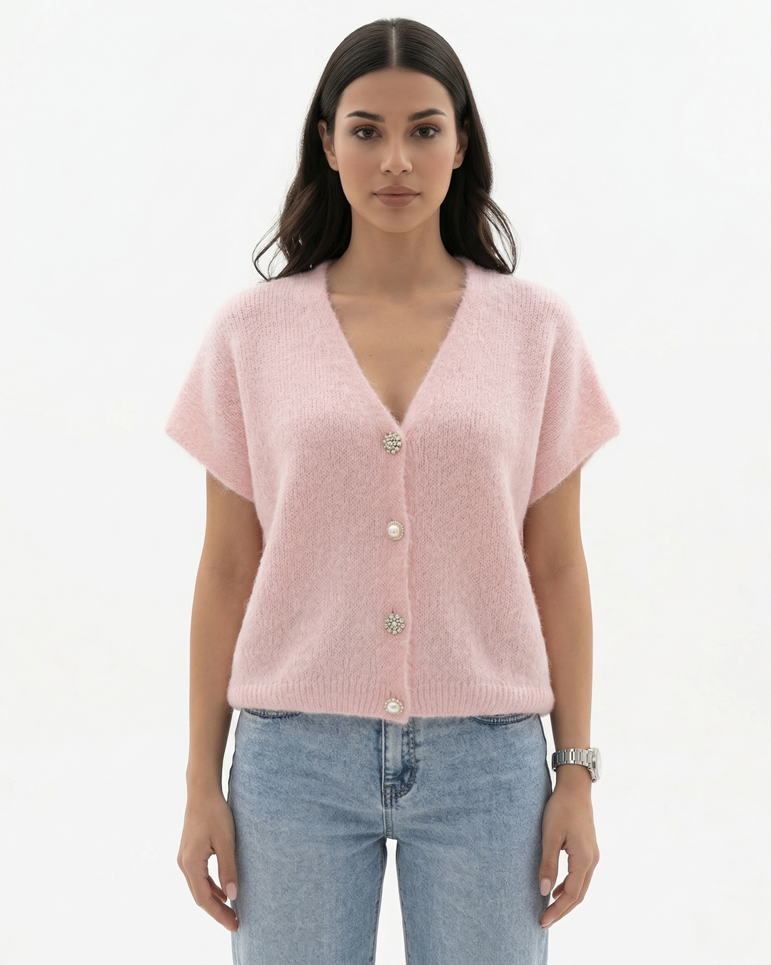 Womens Knit Cardigan Top with V-Neck and Cap Sleeves - Clovrio