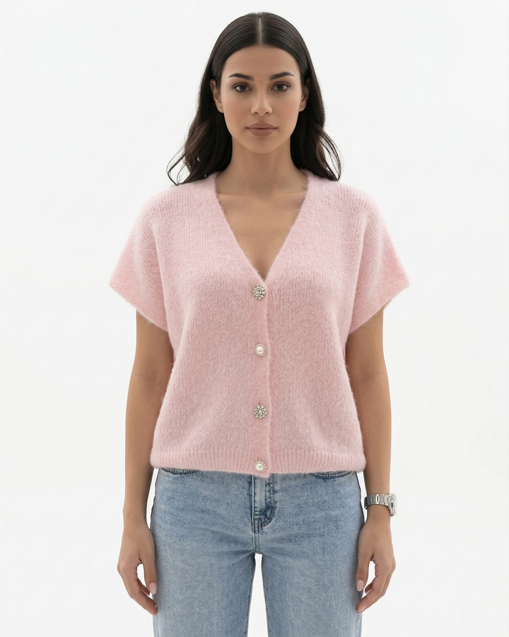 Womens Knit Cardigan Top with V-Neck and Cap Sleeves - Clovrio