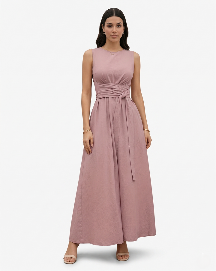 Womens Sleeveless Maxi Dress Crew Neck Tie Waist A-Line