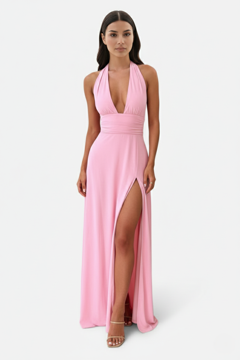 Womens Maxi Dress Halter V-Neck Cross Back High Thigh Slit