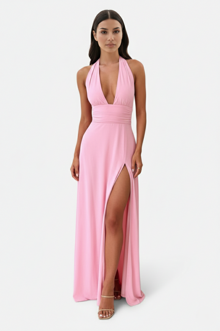 Womens Maxi Dress Halter V-Neck Cross Back High Thigh Slit