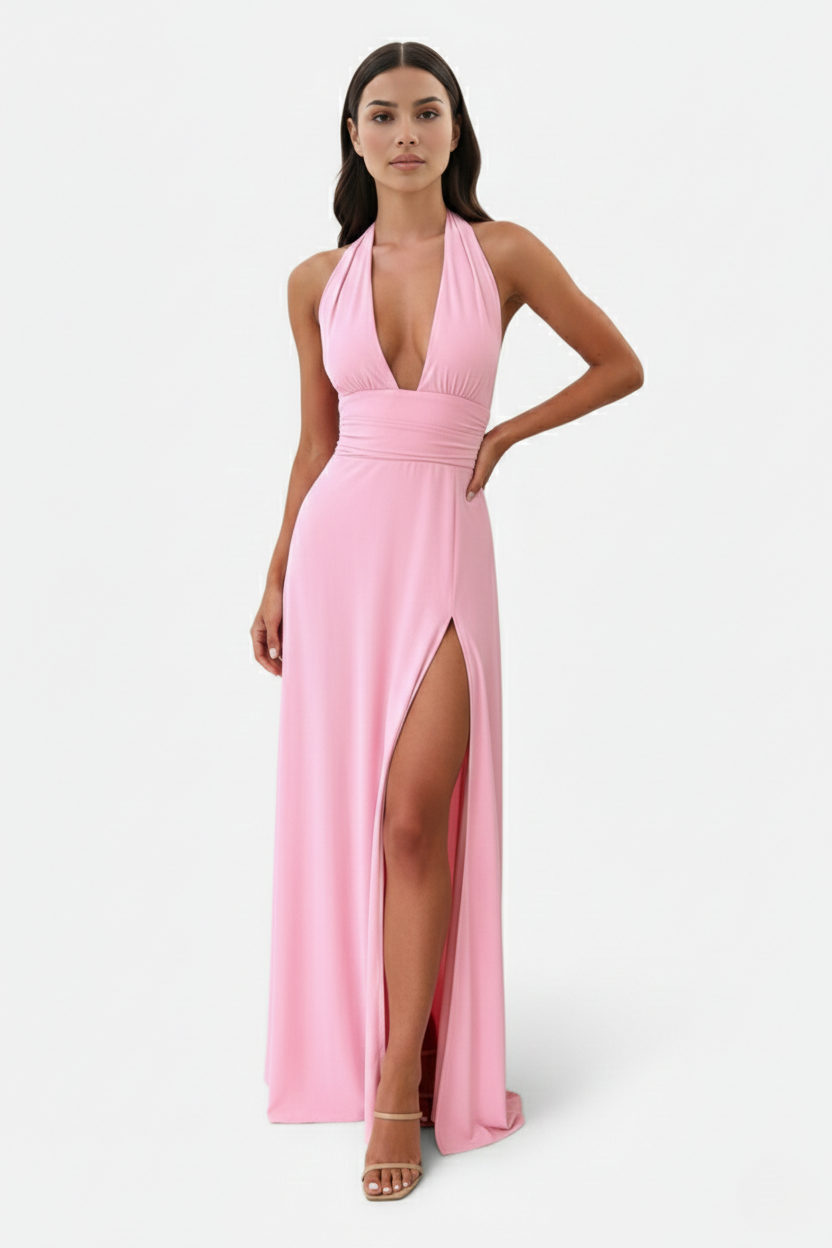 Womens Maxi Dress Halter V-Neck Cross Back High Thigh Slit