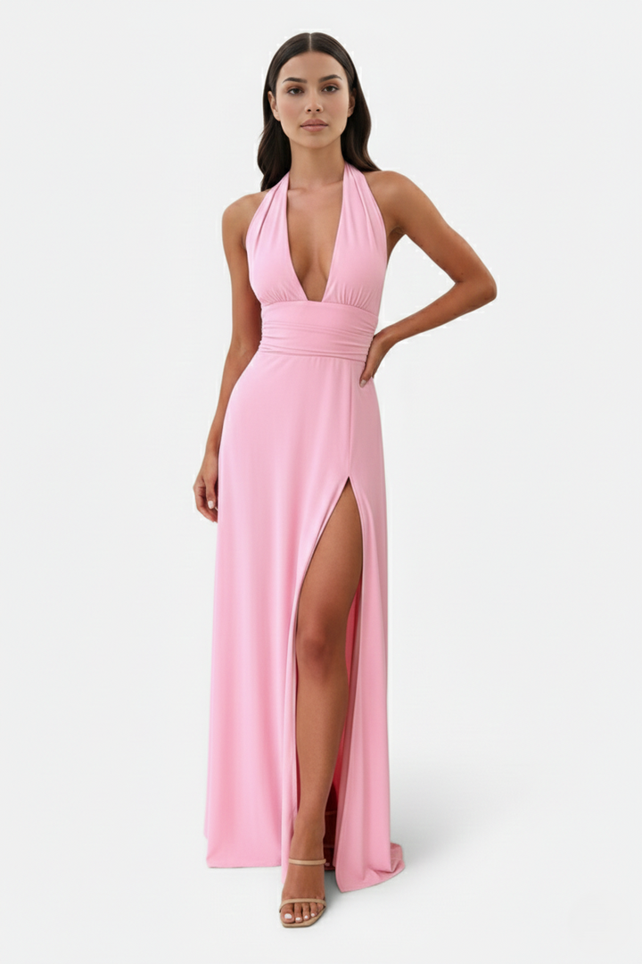 Womens Maxi Dress Halter V-Neck Cross Back High Thigh Slit