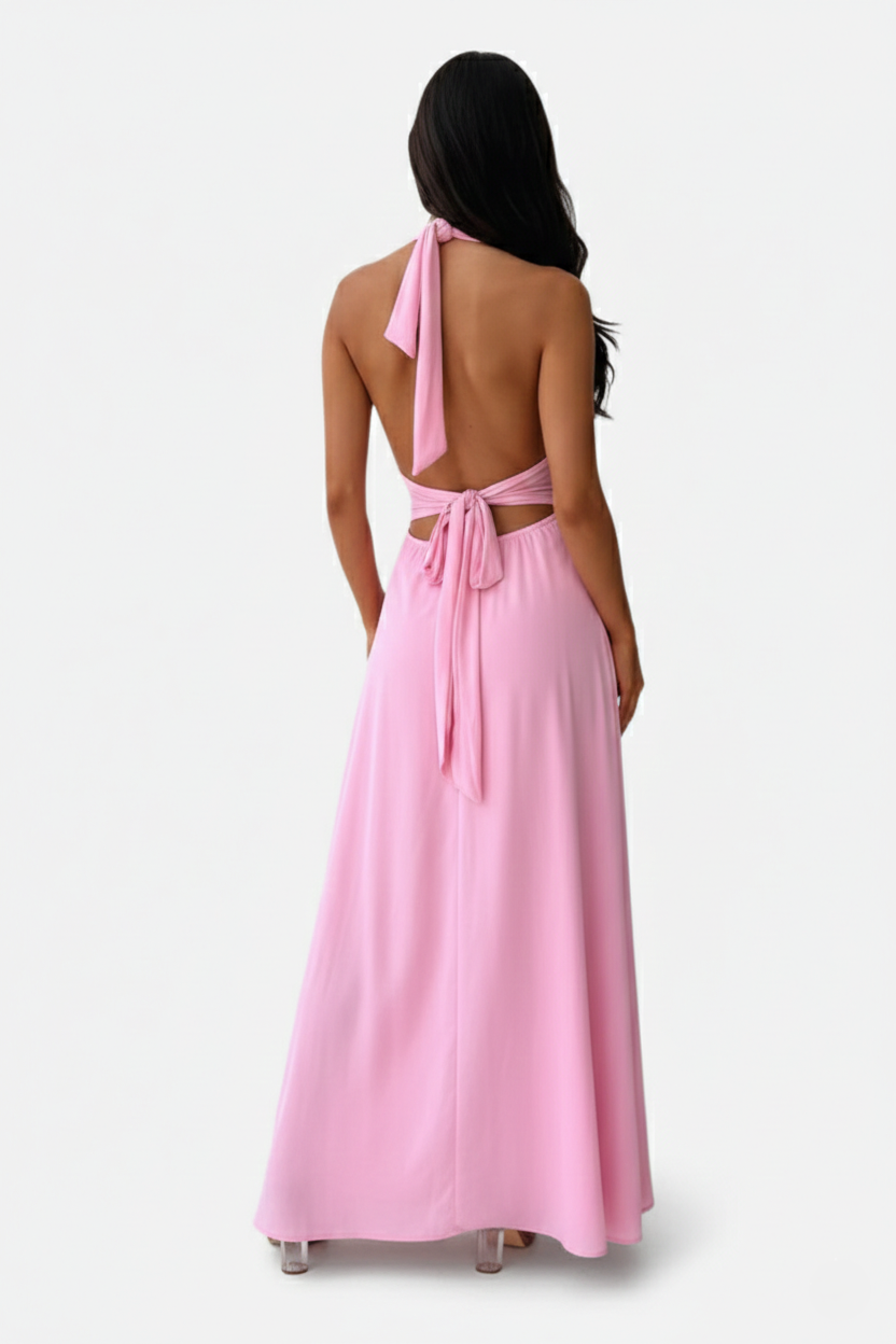 Womens Maxi Dress Halter V-Neck Cross Back High Thigh Slit