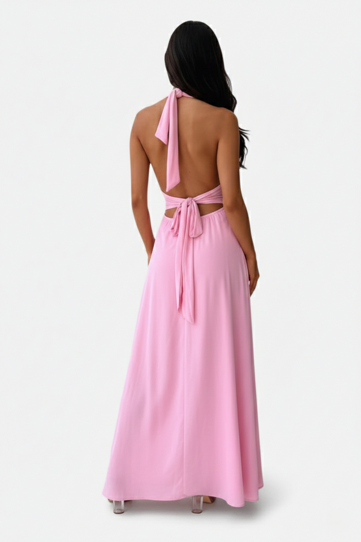 Womens Maxi Dress Halter V-Neck Cross Back High Thigh Slit