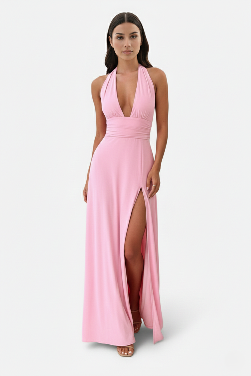 Womens Maxi Dress Halter V-Neck Cross Back High Thigh Slit - Clovrio