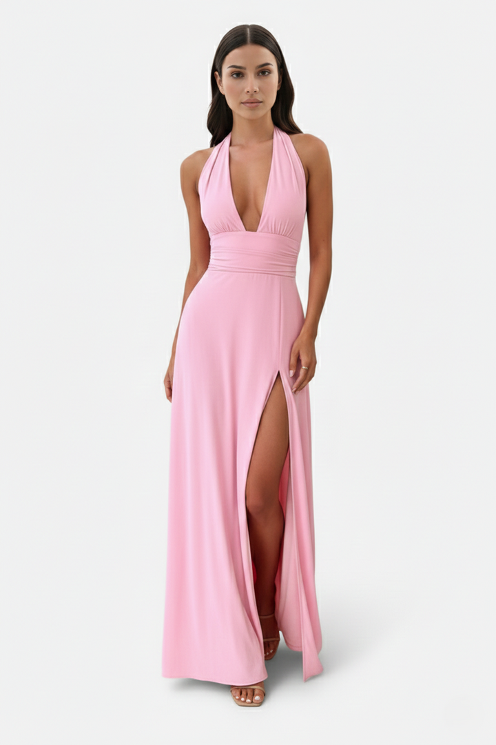 Womens Maxi Dress Halter V-Neck Cross Back High Thigh Slit - Clovrio