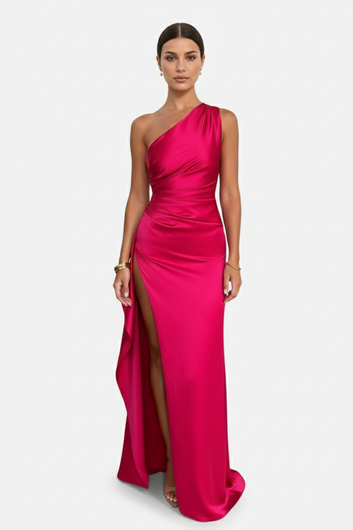 Womens Satin Maxi Dress One-Shoulder High Side Slit