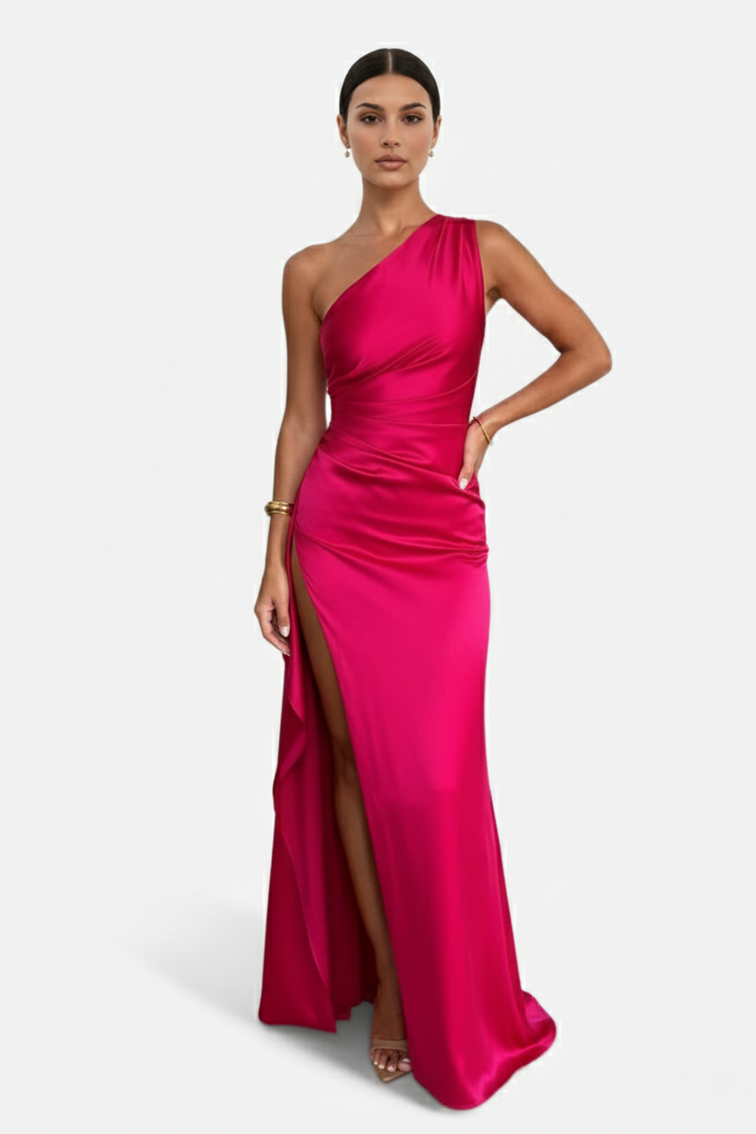 Womens Satin Maxi Dress One-Shoulder High Side Slit - Clovrio