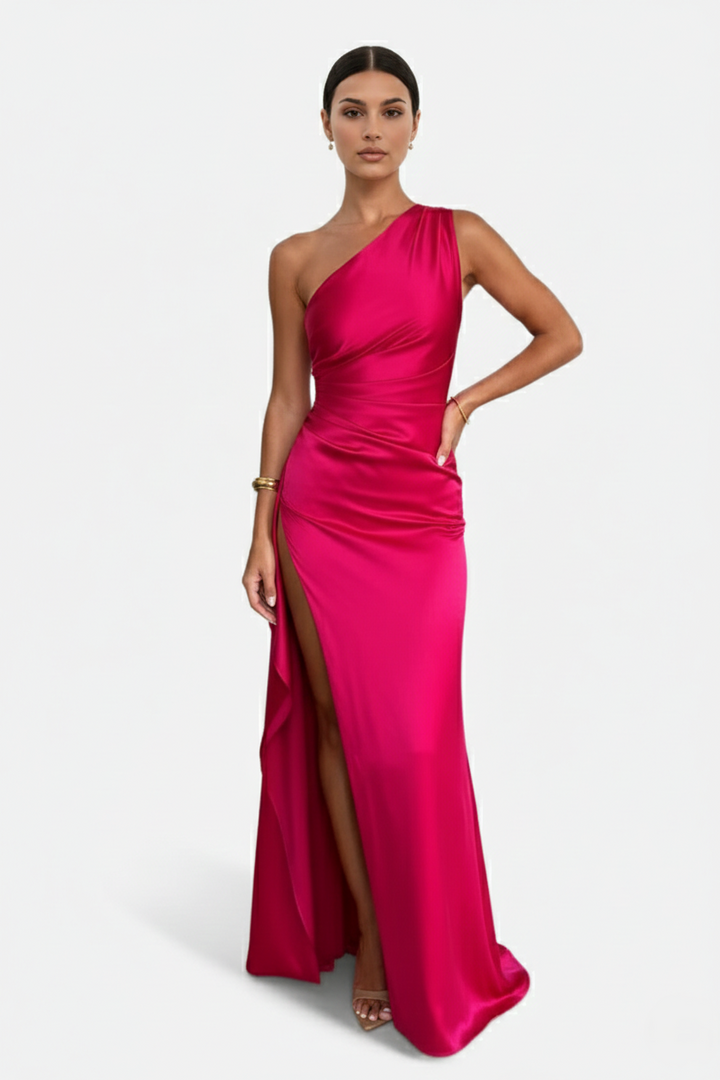 Womens Satin Maxi Dress One-Shoulder High Side Slit - Clovrio