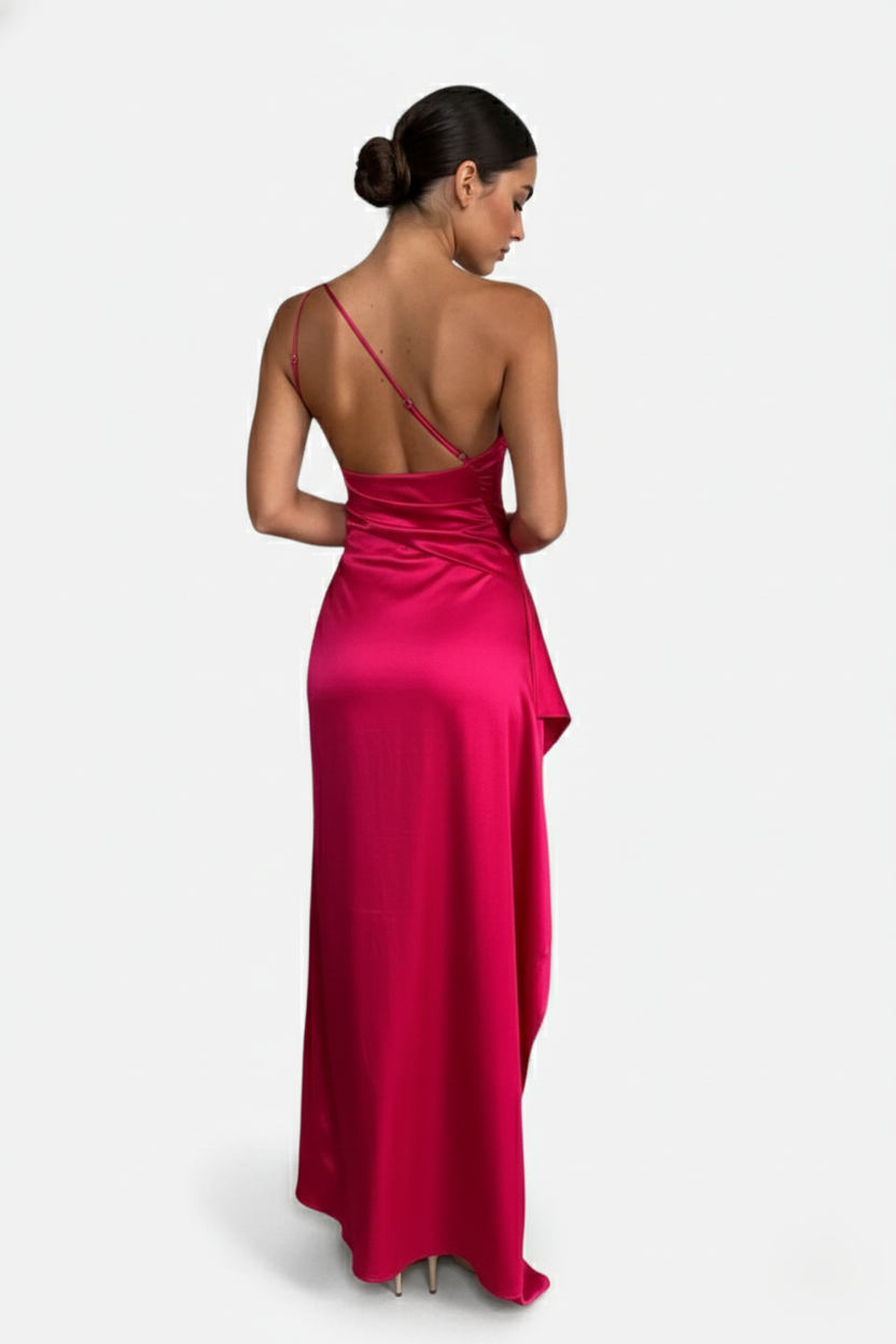 Womens Satin Maxi Dress One-Shoulder High Side Slit