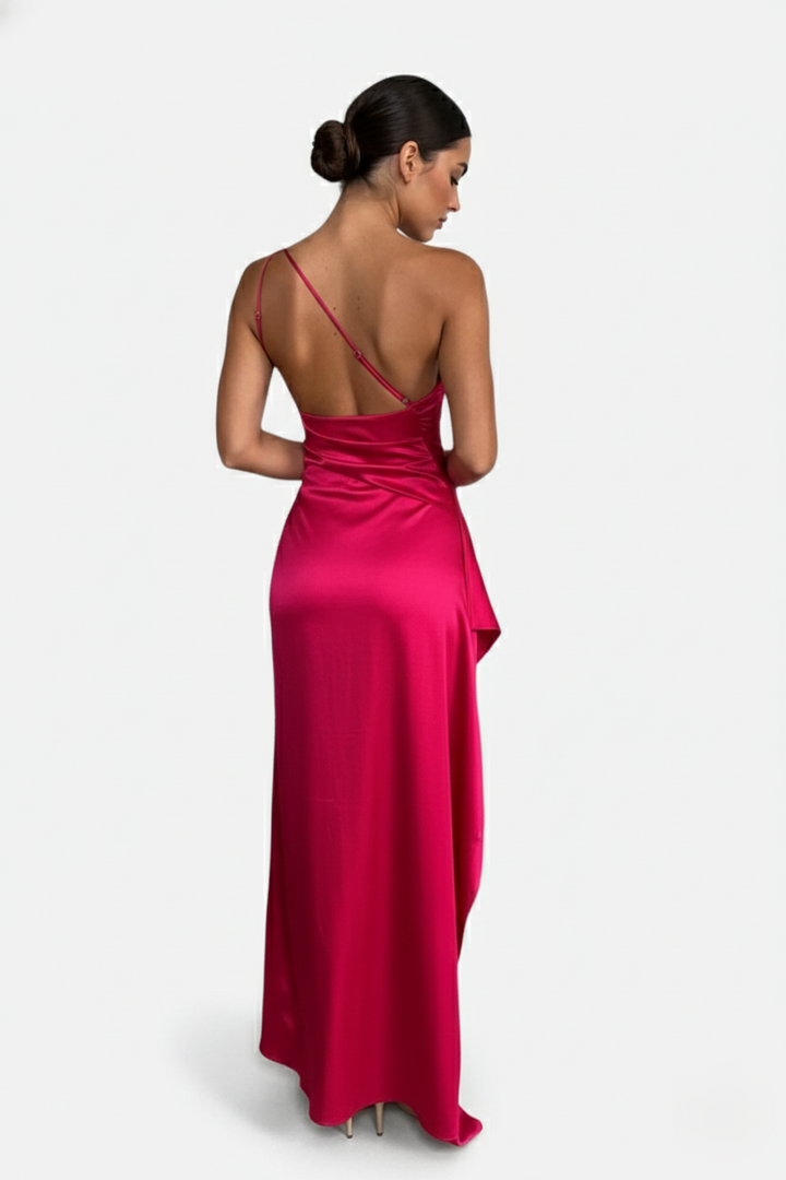 Womens Satin Maxi Dress One-Shoulder High Side Slit