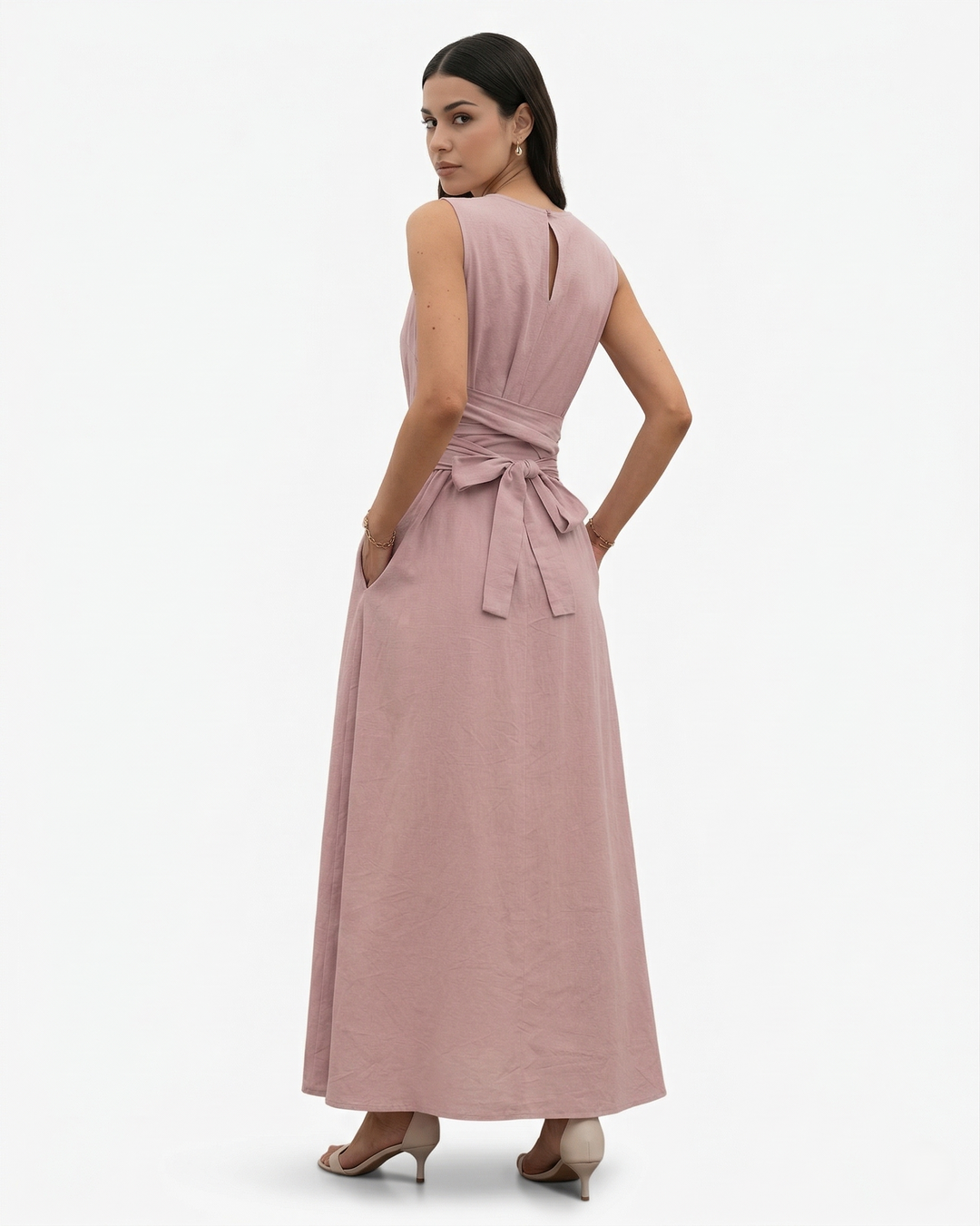Womens Sleeveless Maxi Dress Crew Neck Tie Waist A-Line