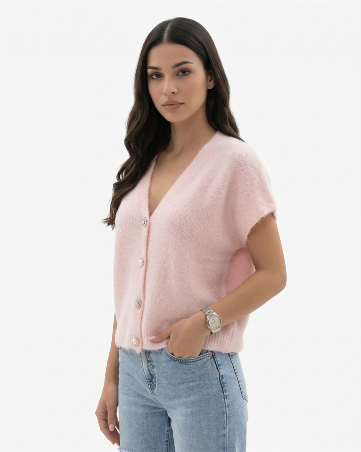 Womens Knit Cardigan Top with V-Neck and Cap Sleeves