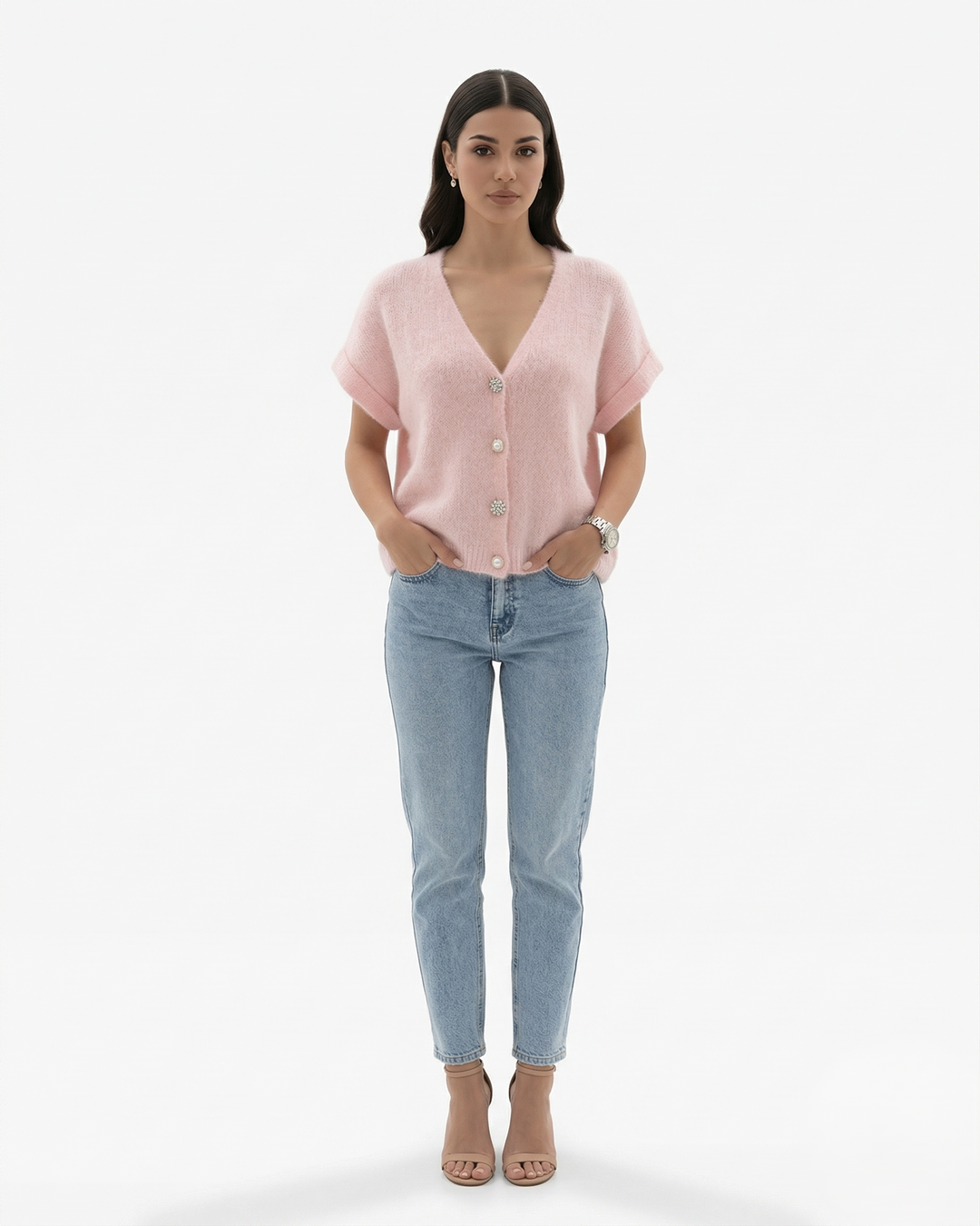 Womens Knit Cardigan Top with V-Neck and Cap Sleeves