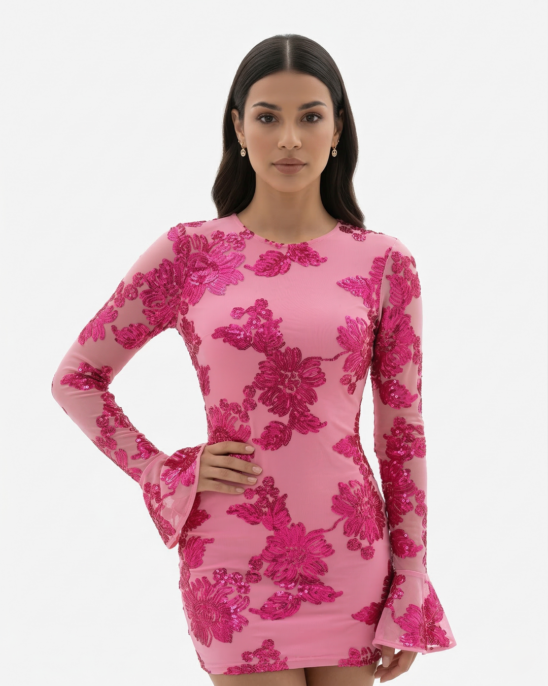 Womens Mini Dress Mesh Long Sleeve Open Back Flared Cuff