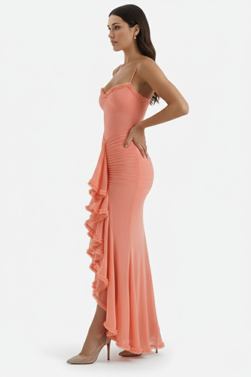 Womens Evening Gown Mesh Ruched Ruffle Asymmetrical Hem