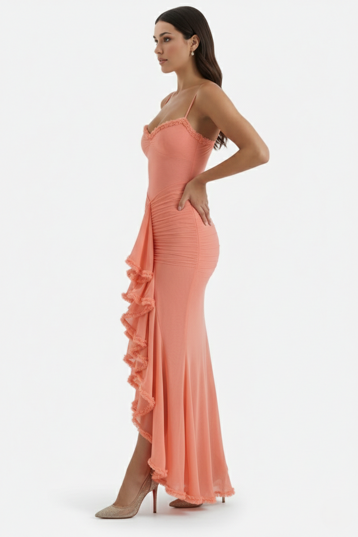 Womens Evening Gown Mesh Ruched Ruffle Asymmetrical Hem