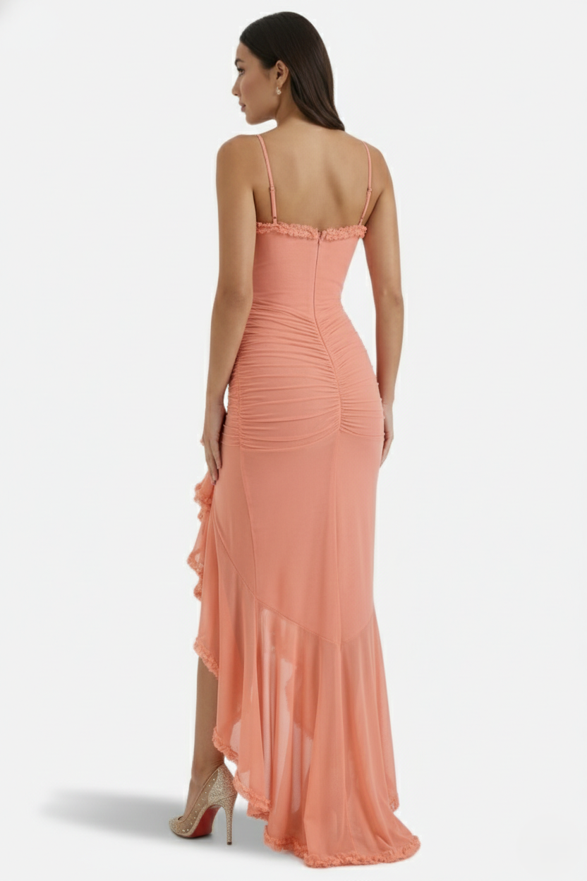 Womens Evening Gown Mesh Ruched Ruffle Asymmetrical Hem