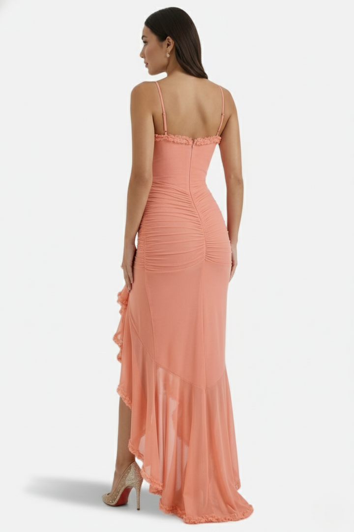 Womens Evening Gown Mesh Ruched Ruffle Asymmetrical Hem