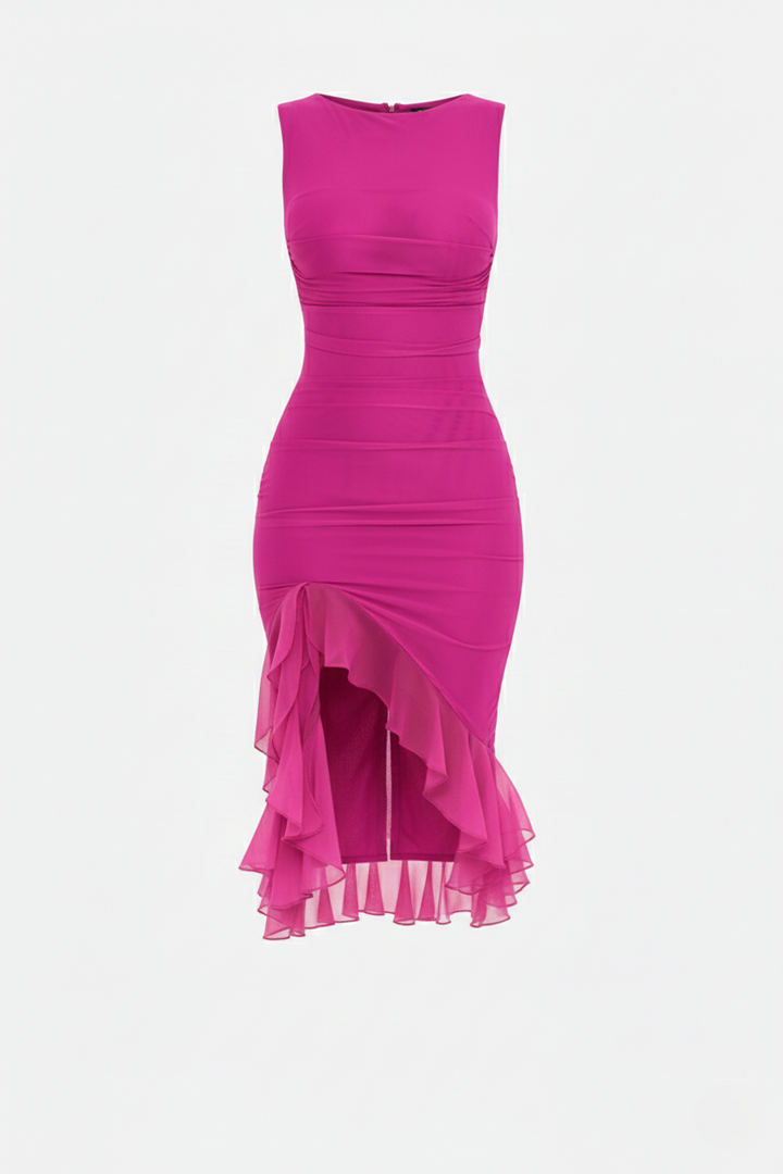 Womens Sleeveless Bodycon Midi Dress Ruched Ruffle Side Slit