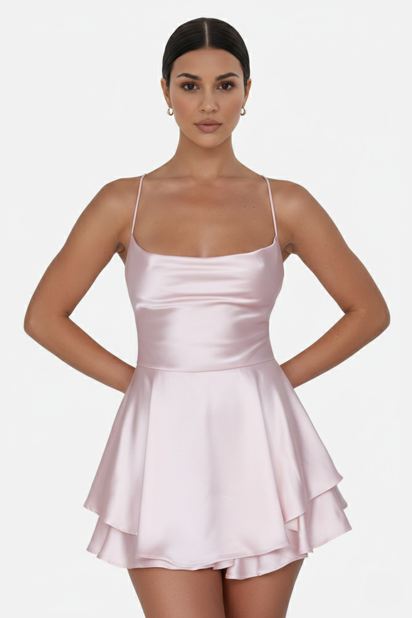 Womens Mini Dress Satin Spaghetti Strap Tiered Lace-Up Back