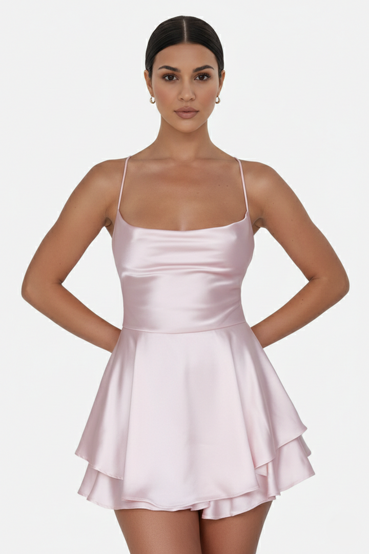 Womens Mini Dress Satin Spaghetti Strap Tiered Lace-Up Back