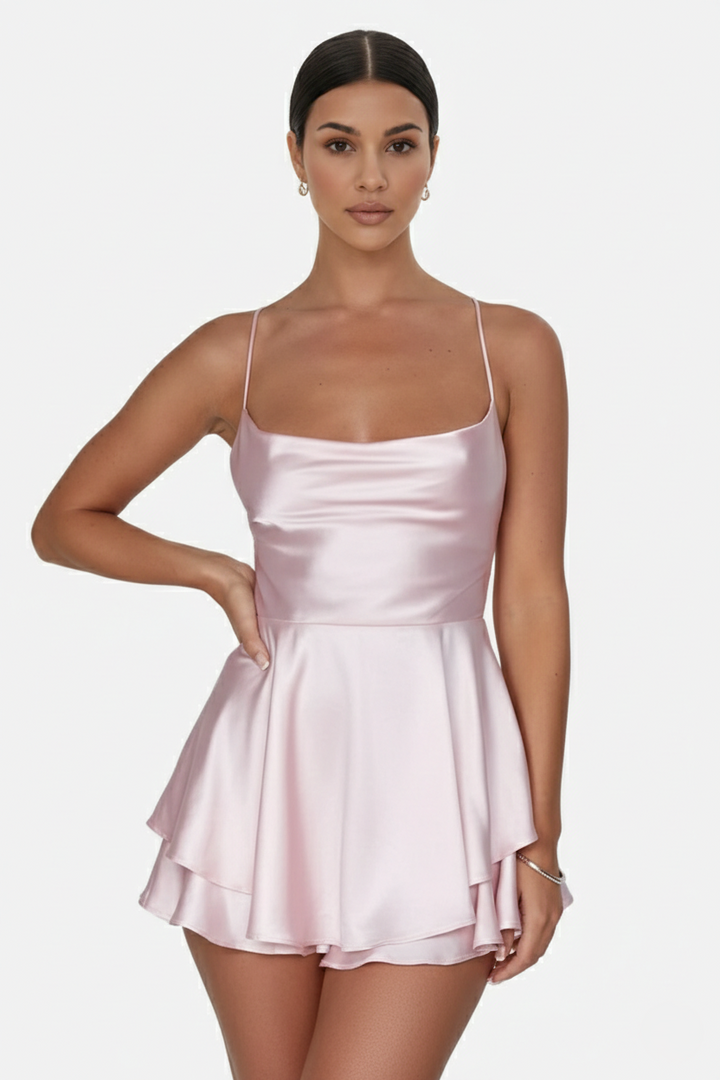 Womens Mini Dress Satin Spaghetti Strap Tiered Lace-Up Back