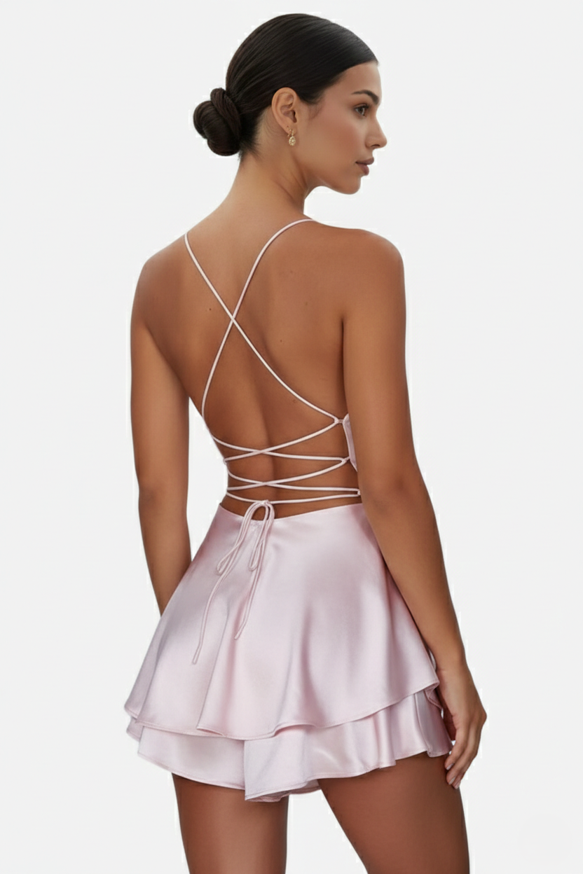 Womens Mini Dress Satin Spaghetti Strap Tiered Lace-Up Back