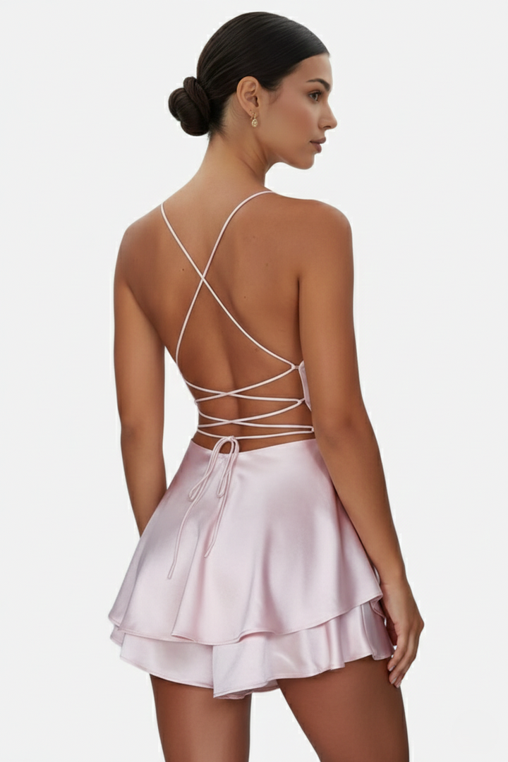 Womens Mini Dress Satin Spaghetti Strap Tiered Lace-Up Back
