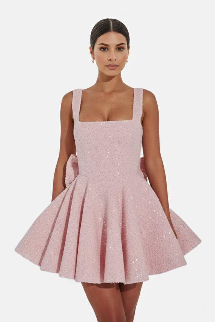 Womens Mini Dress Sequin Square Neck Structured Skirt