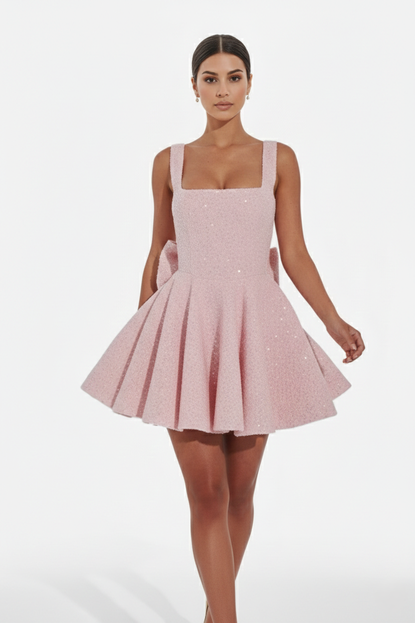 Womens Mini Dress Sequin Square Neck Structured Skirt