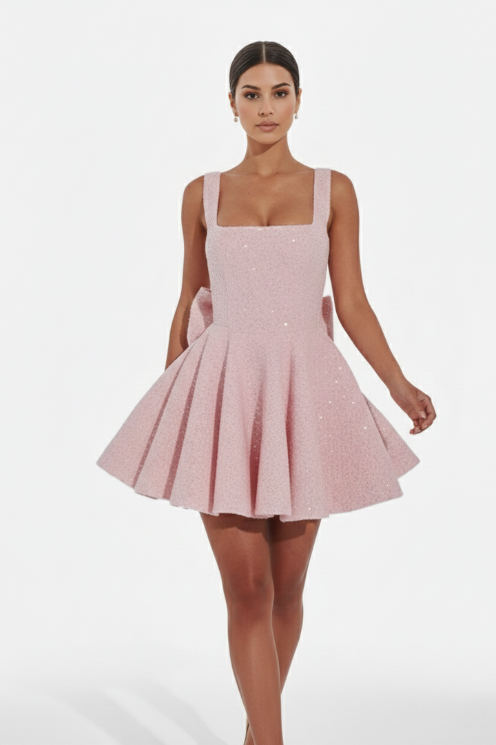 Womens Mini Dress Sequin Square Neck Structured Skirt