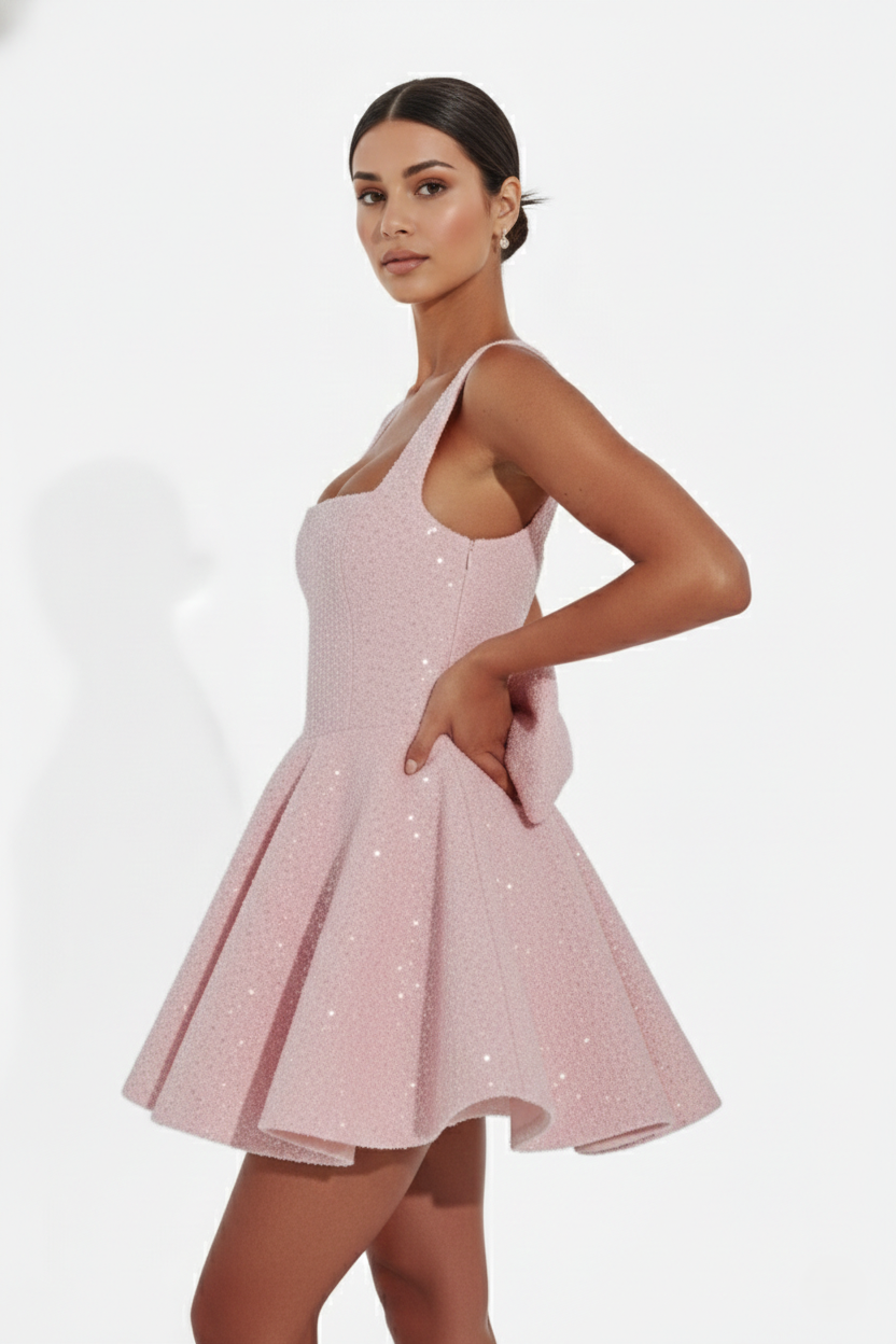 Womens Mini Dress Sequin Square Neck Structured Skirt