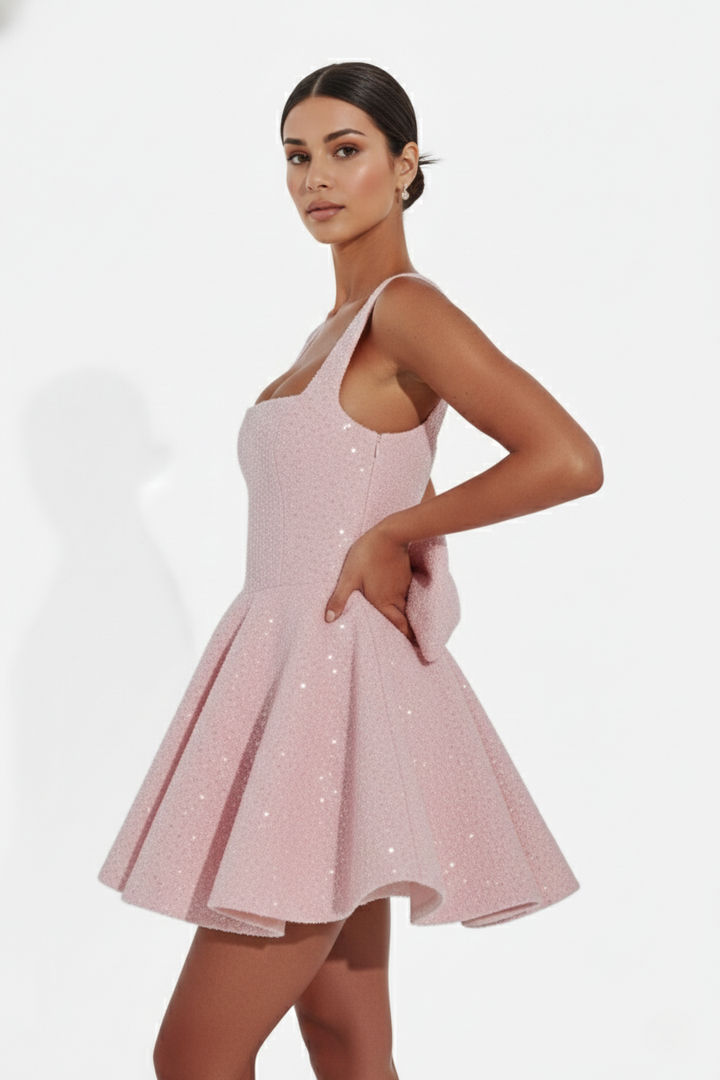 Womens Mini Dress Sequin Square Neck Structured Skirt