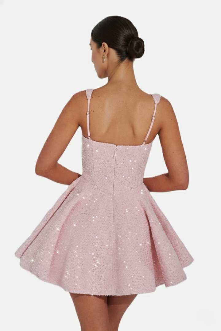 Womens Mini Dress Sequin Square Neck Structured Skirt