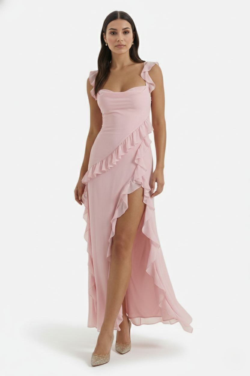 Womens Sleeveless Maxi Dress with Ruffle Trim and Front Slit