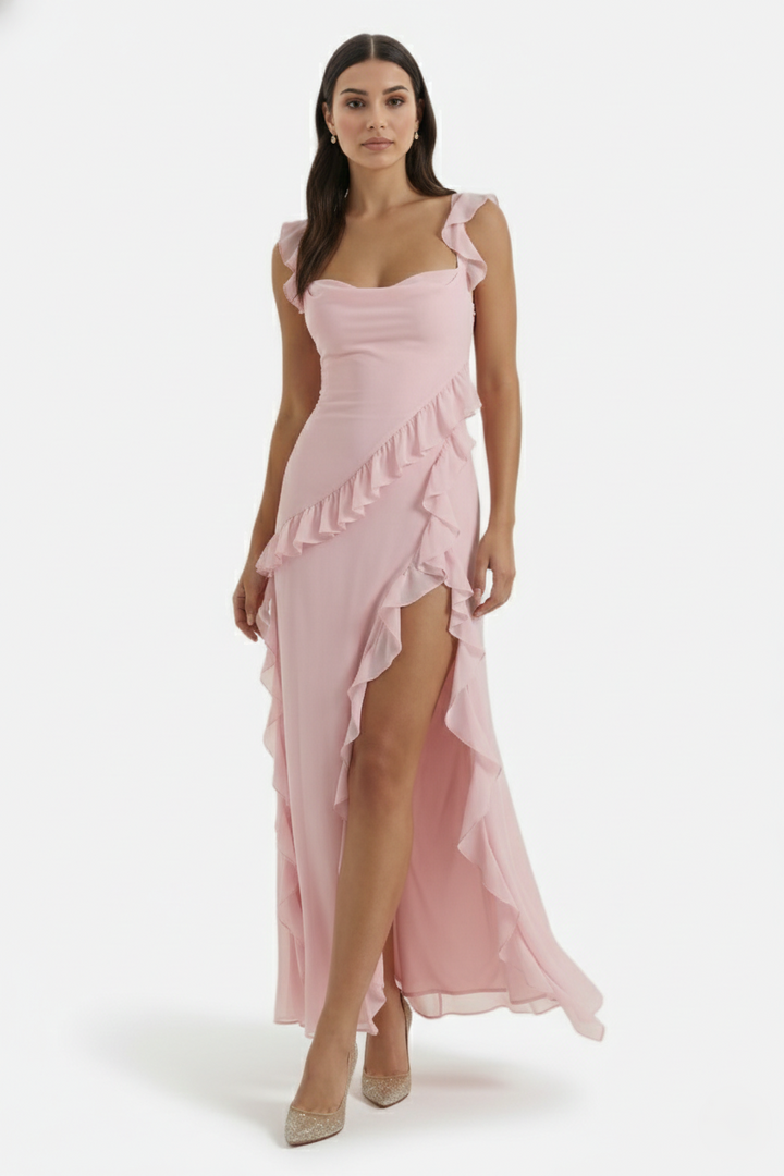 Womens Sleeveless Maxi Dress with Ruffle Trim and Front Slit