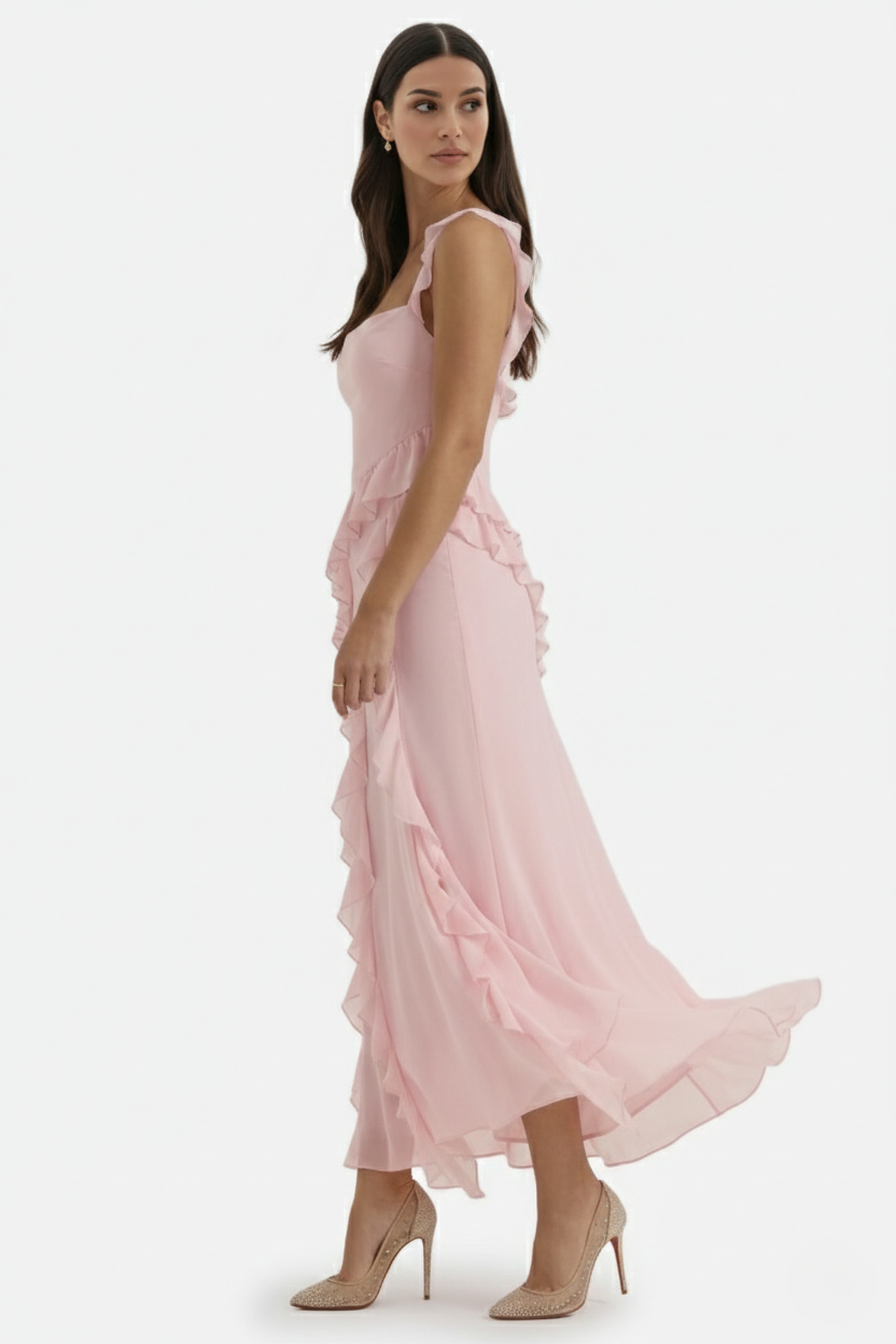 Womens Sleeveless Maxi Dress with Ruffle Trim and Front Slit