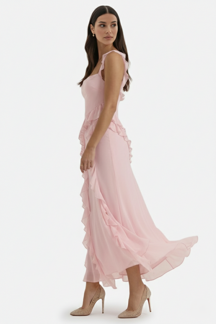 Womens Sleeveless Maxi Dress with Ruffle Trim and Front Slit